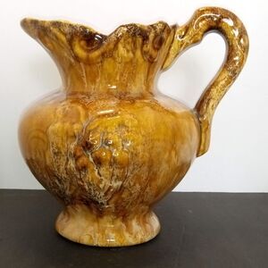 Dryden Pottery Pitcher Yellow/Rust/Green Drip Glaze Brown VTG Arkansas Pottery